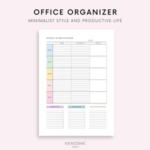 K&ouml;nnte beinhalten: Ein druckbarer w&ouml;chentlicher Arbeitsplaner mit Abschnitten f&uuml;r Zeit, Zeitplan, Notizen, Priorit&auml;ten, To-Do-Liste und &Uuml;bertrag f&uuml;r die n&auml;chste Woche. Der Planer hat ein minimalistisches Design mit Pastellfarben.