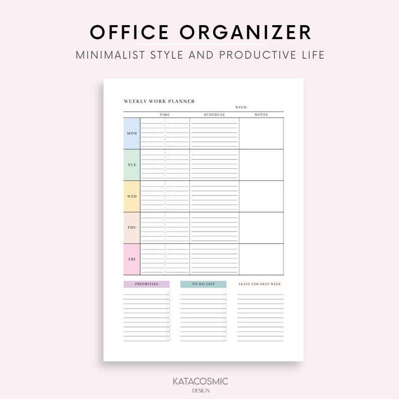 K&ouml;nnte beinhalten: Ein druckbarer w&ouml;chentlicher Arbeitsplaner mit Abschnitten f&uuml;r Zeit, Zeitplan, Notizen, Priorit&auml;ten, To-Do-Liste und &Uuml;bertrag f&uuml;r die n&auml;chste Woche. Der Planer hat ein minimalistisches Design mit Pastellfarben.