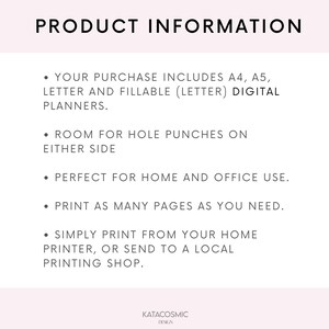Op de afbeelding: Productinformatietekst op een witte achtergrond. De tekst luidt: "YOUR PURCHASE INCLUDES A4, A5, LETTER AND FILLABLE (LETTER) DIGITAL PLANNERS. ROOM FOR HOLE PUNCHES ON EITHER SIDE. PERFECT FOR HOME AND OFFICE USE. PRINT AS MANY PAGES AS YOU NEED. SIMPLY PRINT FROM YOUR HOME PRINTER, OR SEND TO A LOCAL PRINTING SHOP."