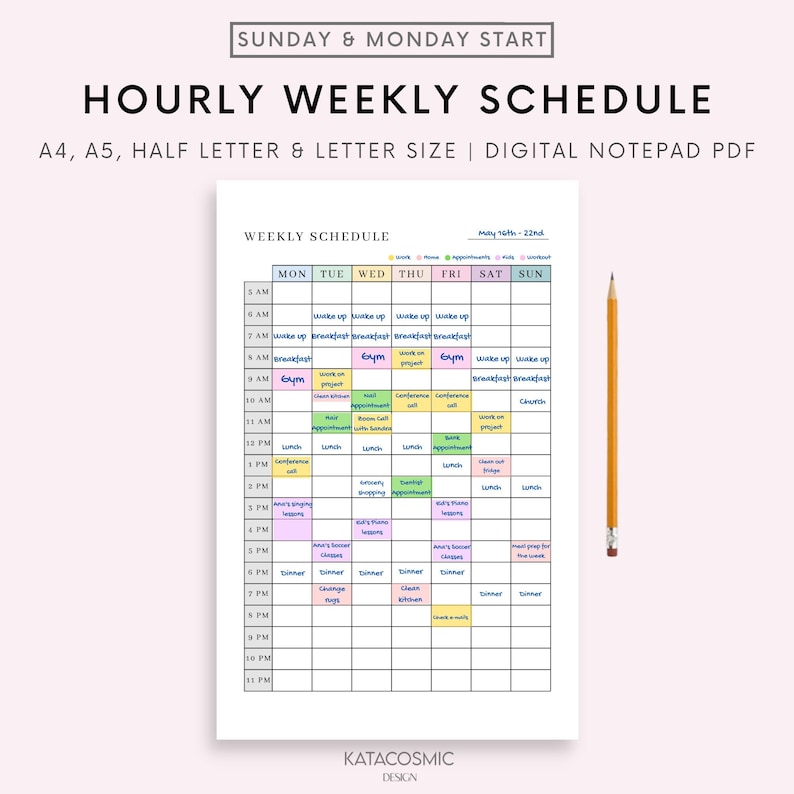 May include: A printable weekly schedule planner with hourly time slots from 5 AM to 11 PM. The planner is designed for a week starting on Sunday and includes days of the week from Monday to Sunday. The planner is color-coded with different colors for each day of the week. The planner is titled "Hourly Weekly Schedule" and includes the text "A4, A5, Half Letter & Letter Size | Digital Notepad PDF".