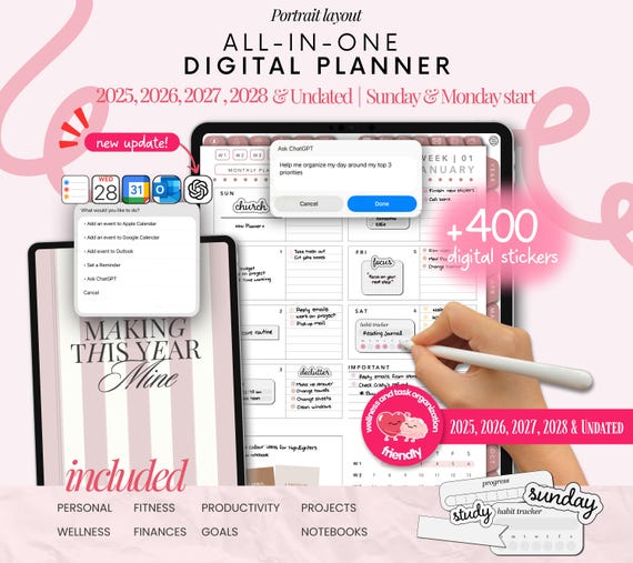 Portrait Digital Planner 2025 2026 2027 2028 & Undated, Goodnotes Planner, Daily Planner, Weekly Planner, Notability Planner, iPad Planner