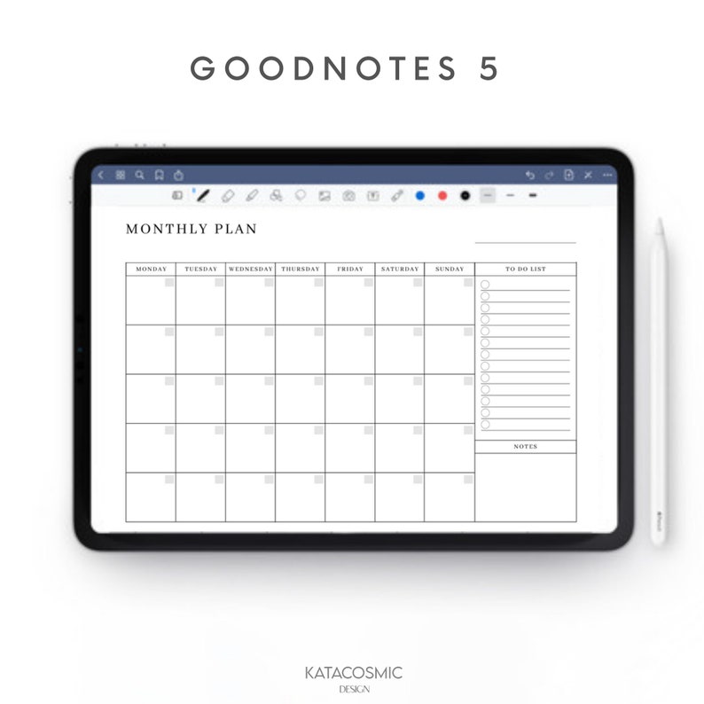 Peut inclure: Un mod&egrave;le de planificateur num&eacute;rique pour Goodnotes 5, avec un calendrier mensuel, une liste de t&acirc;ches &agrave; faire et une section de notes. Le calendrier est divis&eacute; en jours de la semaine, avec de l'espace pour &eacute;crire chaque jour.