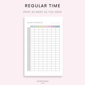 May include: A printable weekly schedule planner with a simple design. The planner has a column for each day of the week, Monday through Sunday, and time slots from 5 AM to 11 PM.