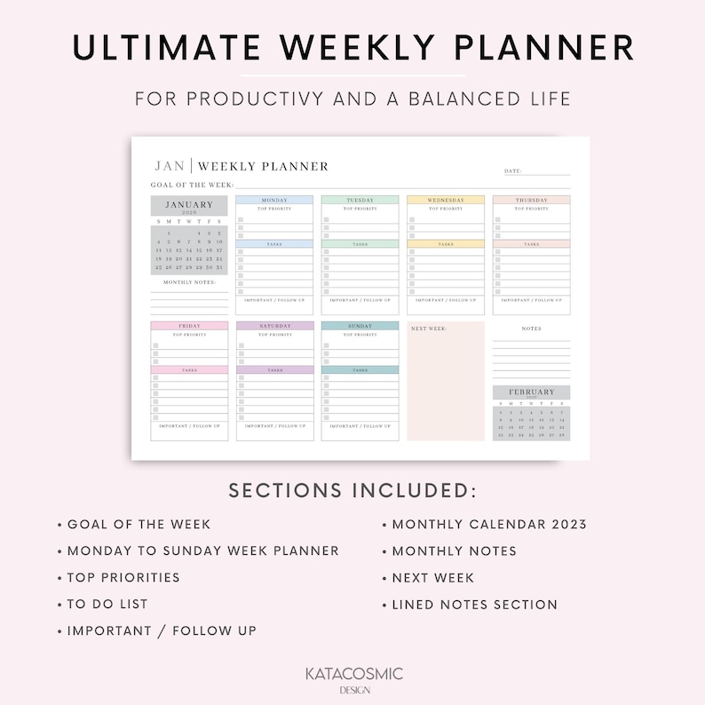 2026 Weekly Planner Printable Landscape, Minimalist Weekly Schedule, Week At a Glance, Weekly Organizer, Office Planner, To Do Desk Planner image 3