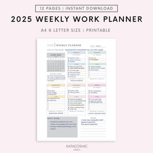 以下が含まれることがあります： 2025 年の週間ワークプランナー。1 月のカレンダー、今週の目標、月曜日から金曜日の毎日のタスクリストがあります。プランナーは、薄い青、ピンク、グレーのカラーパレットで、花柄のデザインが施されています。