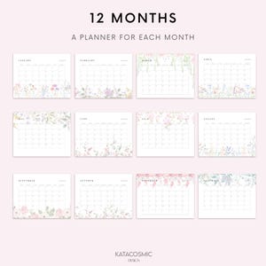 May include: A set of 12 printable calendar pages featuring a floral design. Each page includes a monthly calendar grid for the year 2023. The floral designs are in soft pastel colors and feature different floral arrangements for each month.