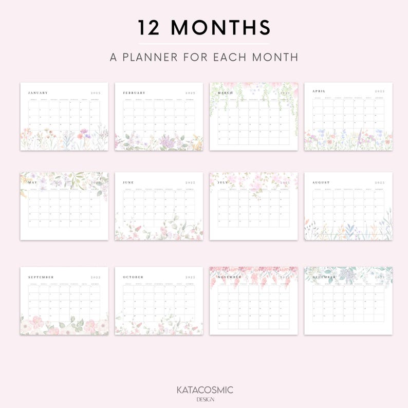 May include: A set of 12 printable calendar pages featuring a floral design. Each page includes a monthly calendar grid for the year 2023. The floral designs are in soft pastel colors and feature different floral arrangements for each month.