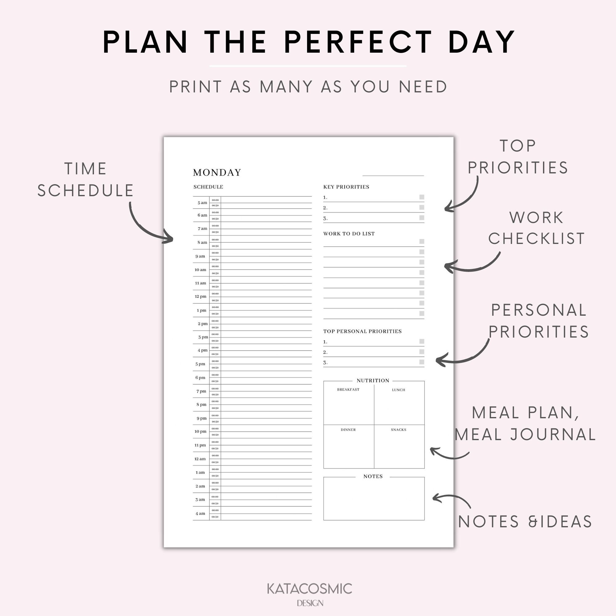 24 Hour Daily Planner Printable, Daily to Do List for Work / Personal ...