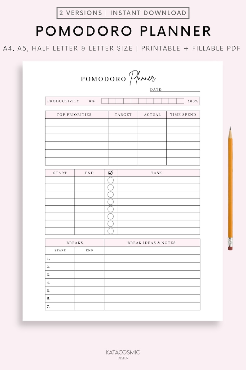 Simple Pomodoro Planner Printable | Study Session Planner ...