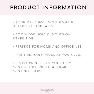 Peut inclure: Texte d'information sur un produit sur fond blanc. Le texte indique : "YOUR PURCHASE INCLUDES A4 & LETTER SIZE TEMPLATES. ROOM FOR HOLE PUNCHES ON EITHER SIDE. PERFECT FOR HOME AND OFFICE USE. PRINT AS MANY PAGES AS YOU NEED. SIMPLY PRINT FROM YOUR HOME PRINTER, OR SEND TO A LOCAL PRINTING SHOP."