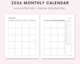 Calendário Mensal de 2026 para Imprimir, com Datas em 2 Páginas, Visão Geral do Mês, Tamanhos A4/A5/Carta/Meia Folha, Download Instantâneo