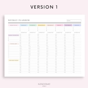 May include: A weekly planner with a pastel color scheme. The planner has sections for weekly focus, weekly priorities, to do list, and for next week. Each section has a column for each day of the week: Monday, Tuesday, Wednesday, Thursday, Friday, Saturday, and Sunday. The planner has a space for the date at the top.