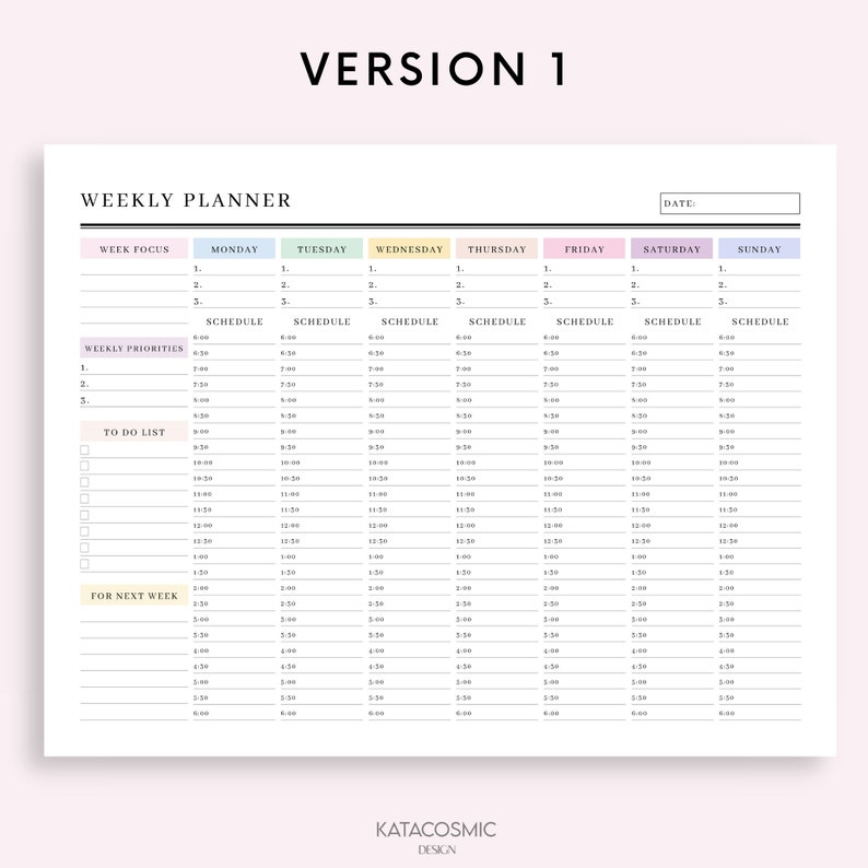 May include: A weekly planner with a pastel color scheme. The planner has sections for weekly focus, weekly priorities, to do list, and for next week. Each section has a column for each day of the week: Monday, Tuesday, Wednesday, Thursday, Friday, Saturday, and Sunday. The planner has a space for the date at the top.
