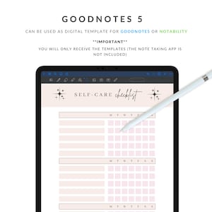 May include: A digital template for Goodnotes or Notability apps, featuring a self-care checklist with a weekly grid layout. The template has a light pink background with a black and white design.