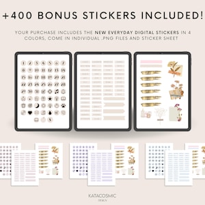 May include: Digital planner stickers are displayed on tablets, including calendars, labels, and decorative elements. The image includes the text "+400 BONUS STICKERS INCLUDED!" and "KATACOSMIC DESIGN". The stickers come in four colors and are in .PNG files.