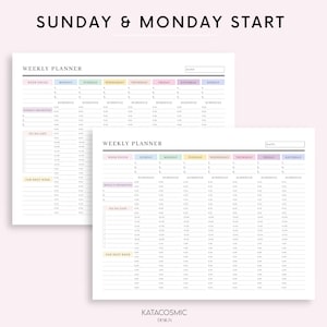 May include: A printable weekly planner with a Sunday and Monday start. The planner has sections for week focus, weekly priorities, to do list, and for next week. The planner is designed to help you stay organized and on track with your goals.