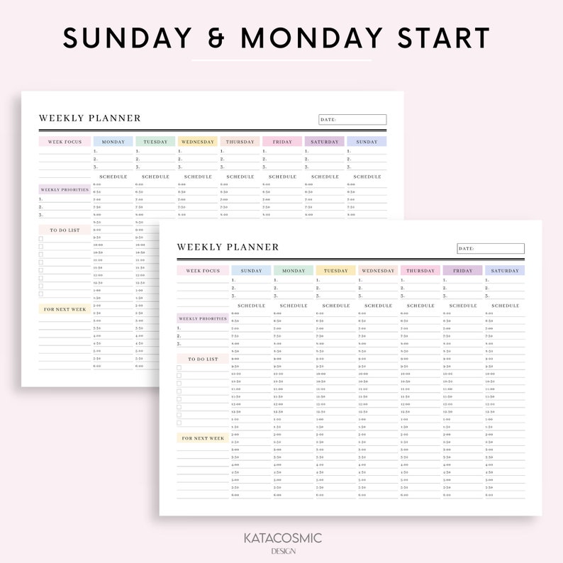 May include: A printable weekly planner with a Sunday and Monday start. The planner has sections for week focus, weekly priorities, to do list, and for next week. The planner is designed to help you stay organized and on track with your goals.