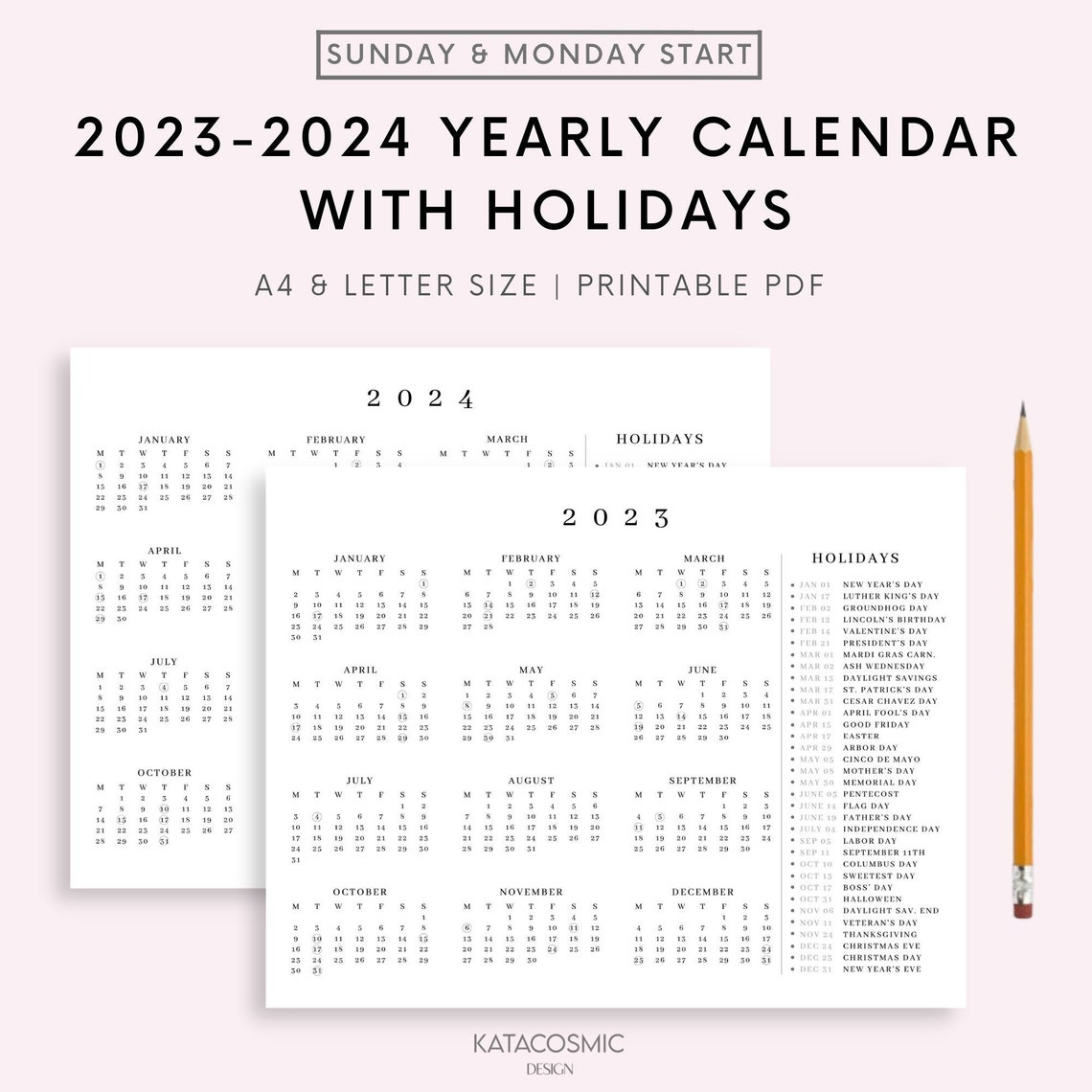 2023 2024 Year Calendar With Holidays on One Page Printable - Etsy Canada