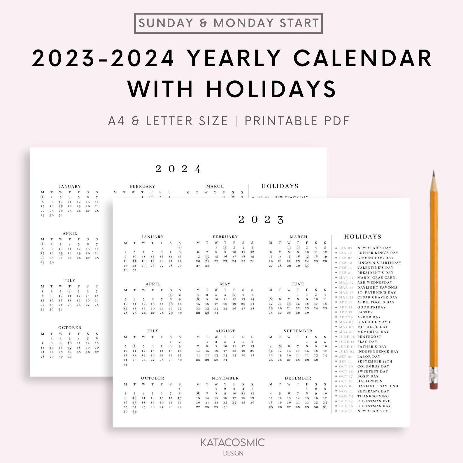 2023 2024 Year Calendar With Holidays on One Page Printable - Etsy Canada