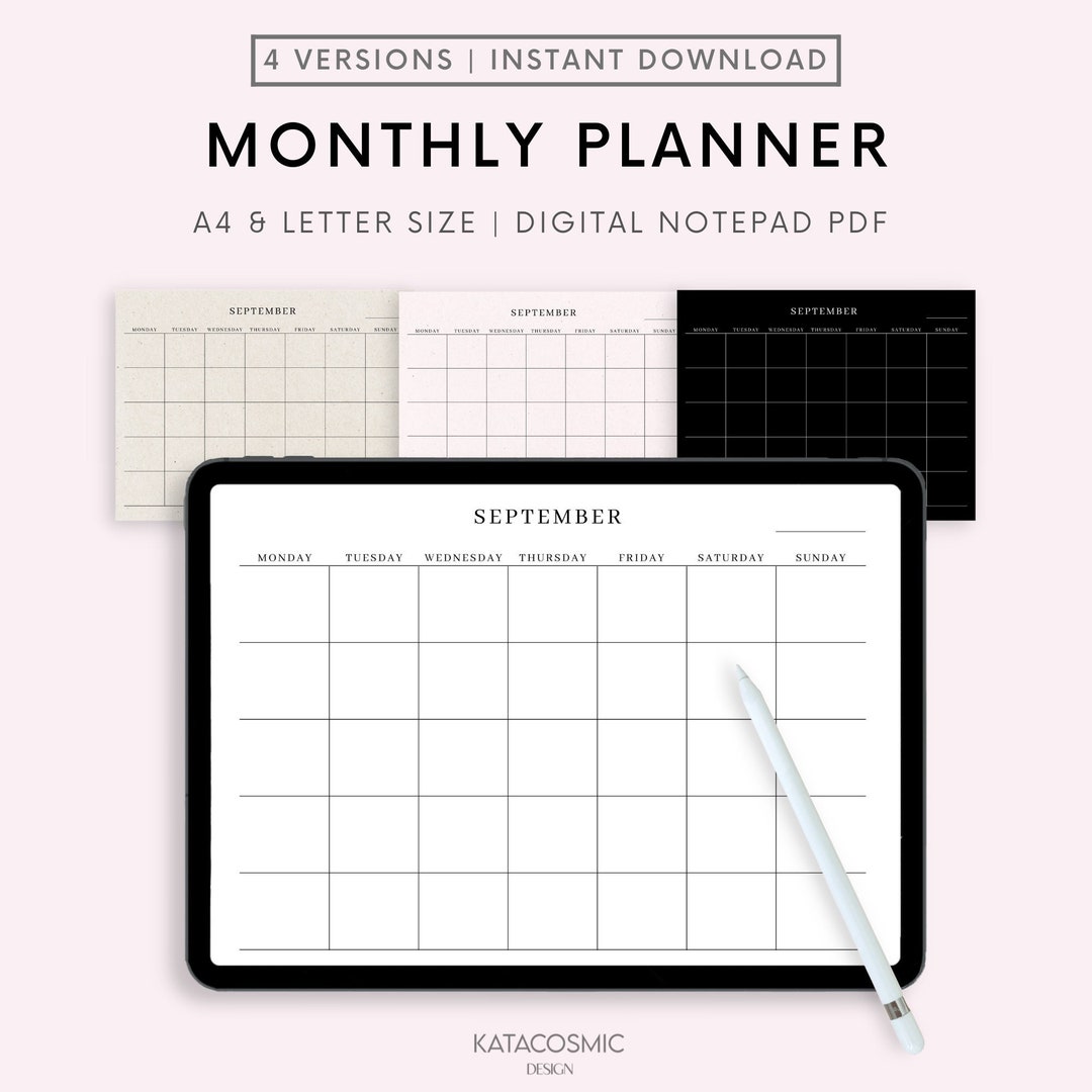 Monthly Planner, Monthly Calendar Undated Digital Planner Template for