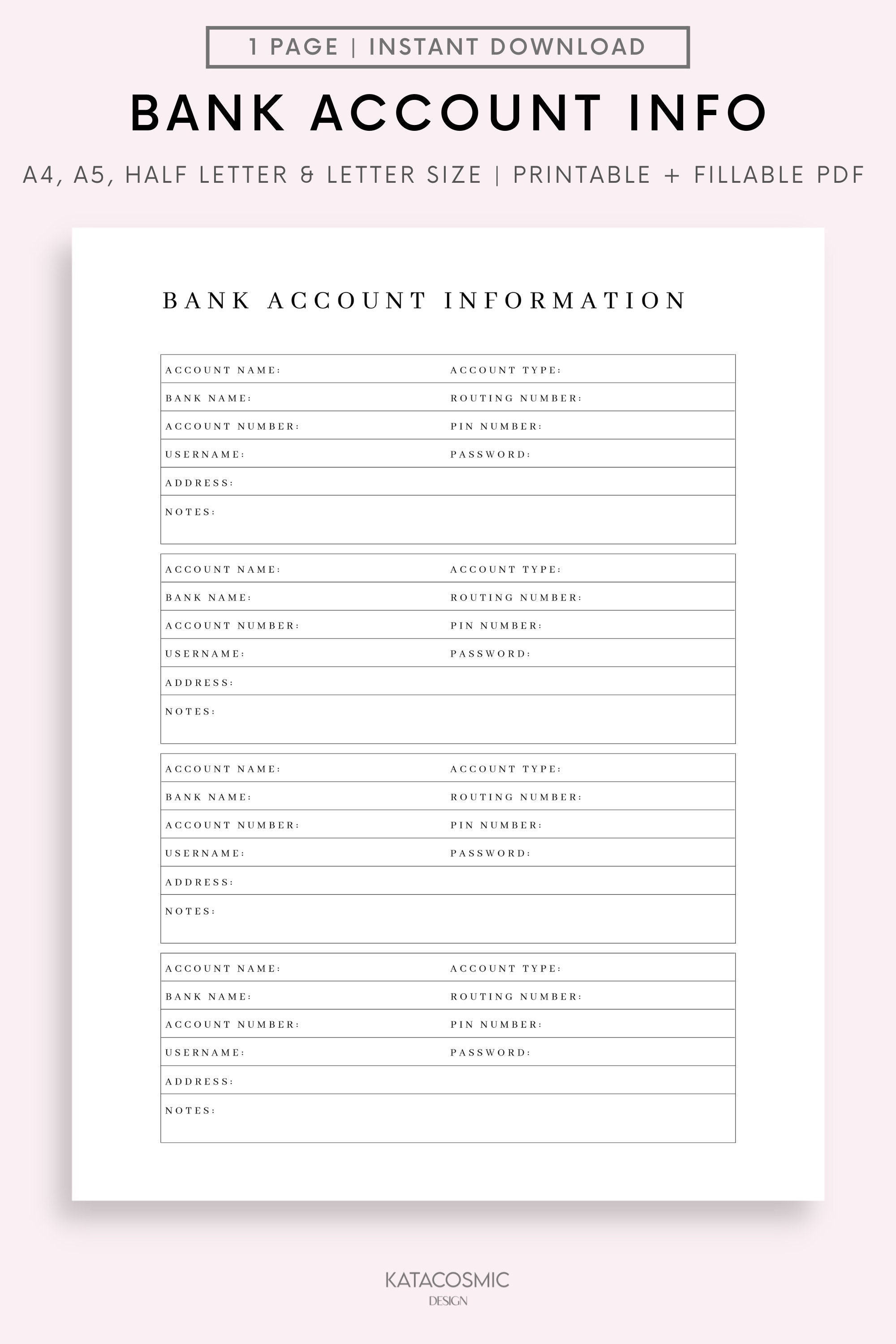 Bank Account Information Tracker Printable Bank Account Log - Etsy