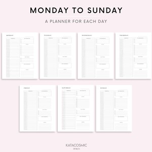 Op de afbeelding: Een printbare planner voor elke dag van de week, van maandag tot en met zondag. De planner is ontworpen in een minimalistische stijl met zwarte tekst op een witte achtergrond.