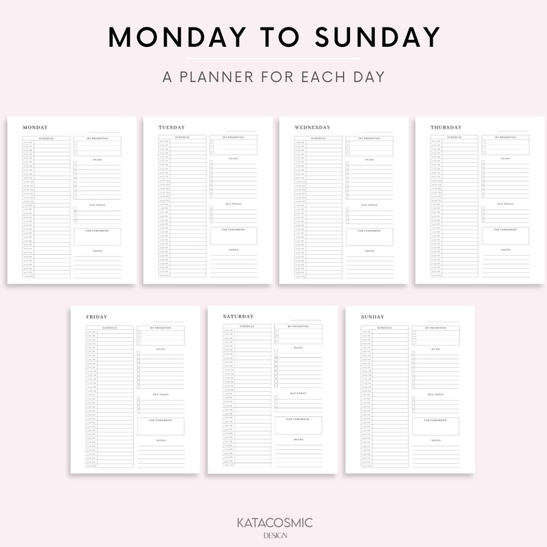 Op de afbeelding: Een printbare planner voor elke dag van de week, van maandag tot en met zondag. De planner is ontworpen in een minimalistische stijl met zwarte tekst op een witte achtergrond.