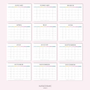 May include: A set of twelve monthly calendars, each with a pastel-colored header and a grid layout. The months are labeled from January to December. The text "Twenty Twenty Six" is at the bottom of each calendar. The design is by Katacosmic Design.