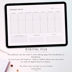 Peut inclure: Un mod&egrave;le de planificateur hebdomadaire num&eacute;rique affich&eacute; sur l'&eacute;cran d'une tablette. Le planificateur comprend des sections pour du lundi au dimanche, l'accent hebdomadaire, les priorit&eacute;s et les notes. Le texte "WEEKLY PLAN" est en haut du planificateur.
