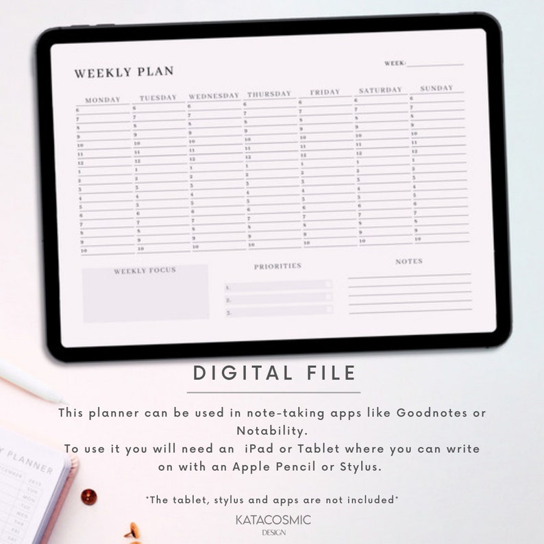 Peut inclure: Un mod&egrave;le de planificateur hebdomadaire num&eacute;rique affich&eacute; sur l'&eacute;cran d'une tablette. Le planificateur comprend des sections pour du lundi au dimanche, l'accent hebdomadaire, les priorit&eacute;s et les notes. Le texte "WEEKLY PLAN" est en haut du planificateur.