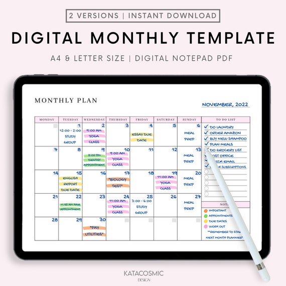 Monthly Planner Goodnotes Template, Undated Monthly Planner, Monthly Digital Planner, Monthly Planner Page, Goodnotes, Notability, Noteshelf