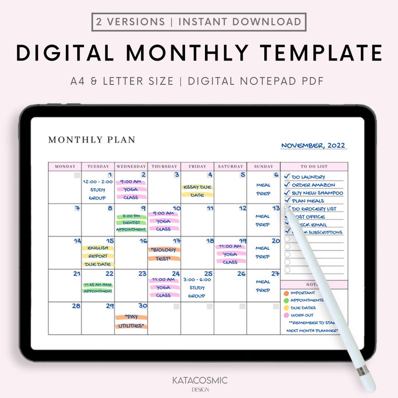 Peut inclure: Un mod&egrave;le de planificateur mensuel num&eacute;rique dans un sch&eacute;ma de couleurs bleu clair et rose. Le mod&egrave;le comprend une grille de calendrier avec les jours de la semaine, les dates et un espace pour &eacute;crire des notes. Le calendrier est intitul&eacute; "Novembre 2022". Il y a une liste de choses &agrave; faire avec des cases &agrave; cocher et une section de notes.