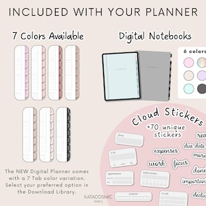 May include: Digital planner set with tabs in 7 colors, digital notebooks, and cloud stickers. The image includes the text "INCLUDED WITH YOUR PLANNER" and "Cloud Stickers +70 unique stickers".