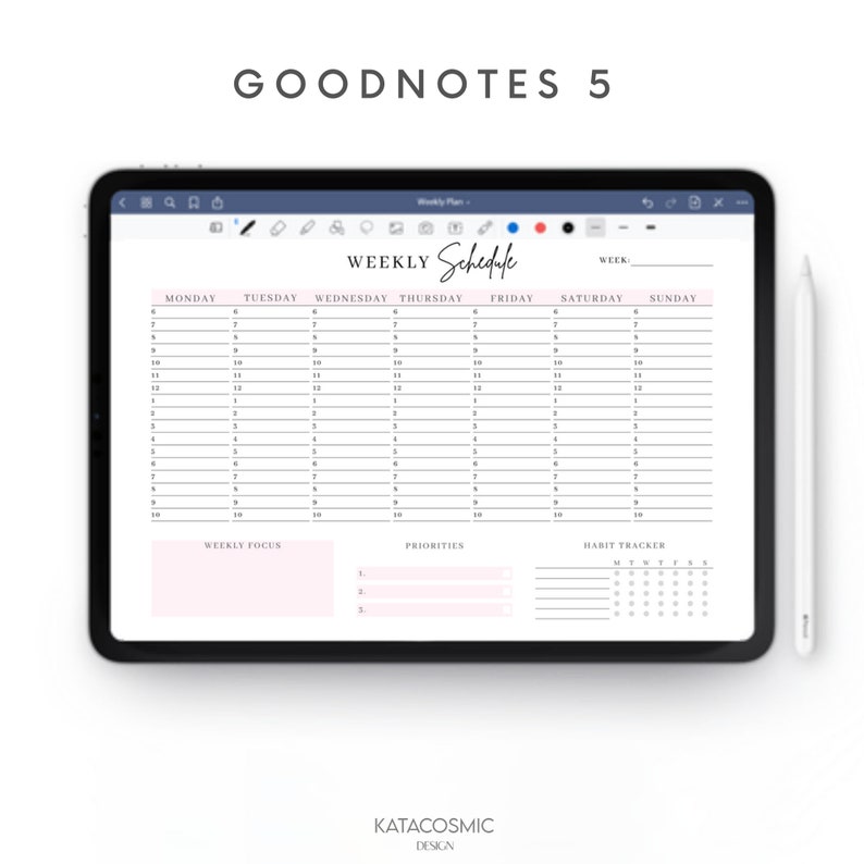 Peut inclure: Un planificateur hebdomadaire num&eacute;rique sur l'&eacute;cran d'une tablette. Le planificateur a un design simple avec un fond blanc et du texte noir. Le planificateur comprend des sections pour du lundi au dimanche, un focus hebdomadaire, des priorit&eacute;s et un suivi des habitudes.