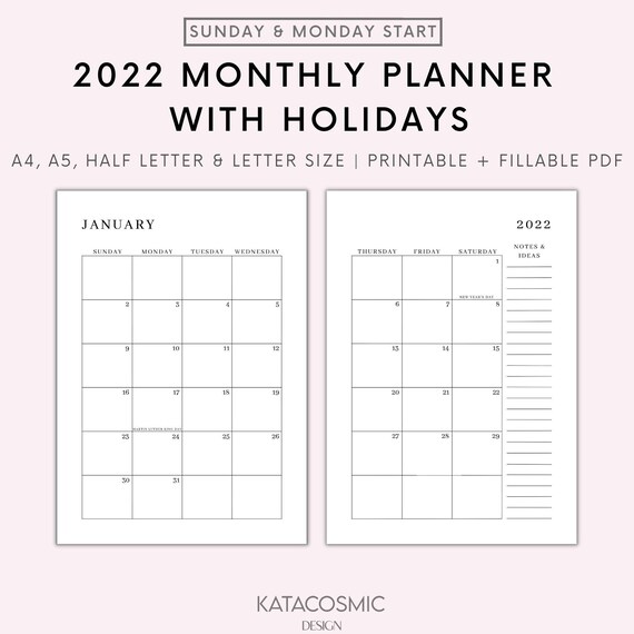 2022 Monthly Calendar With Holidays on 2 Pages, Printable Calendar Template,  Year Calendar, Minimalist Calendar, Vertical, A4/a5/letter/half - Etsy