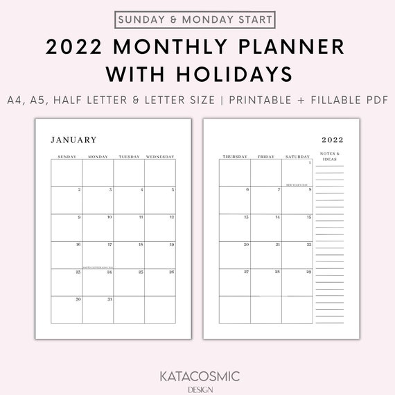 2022 Monthly Calendar With Holidays on 2 Pages, Printable Calendar Template, Year Calendar, Minimalist Calendar, Vertical, A4/a5/letter/half - Etsy