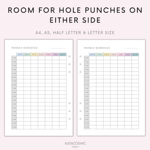 May include: Two printable weekly schedule templates with a pastel color scheme. The templates are designed for A4, A5, half letter, and letter size paper. The templates have space for hole punches on either side.