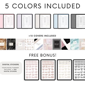 May include: Digital planner with five different colour options, ten cover designs, and 200 digital stickers. The planner includes a calendar, notes, and to-do lists. The stickers are in a variety of styles and colours.