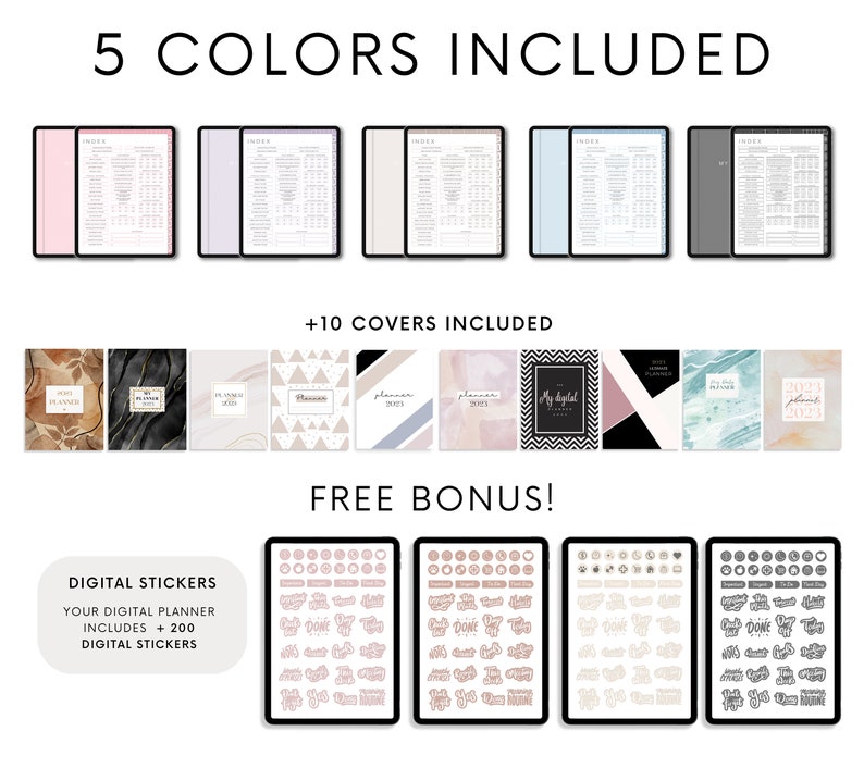 May include: Digital planner with five different colour options, ten cover designs, and 200 digital stickers. The planner includes a calendar, notes, and to-do lists. The stickers are in a variety of styles and colours.
