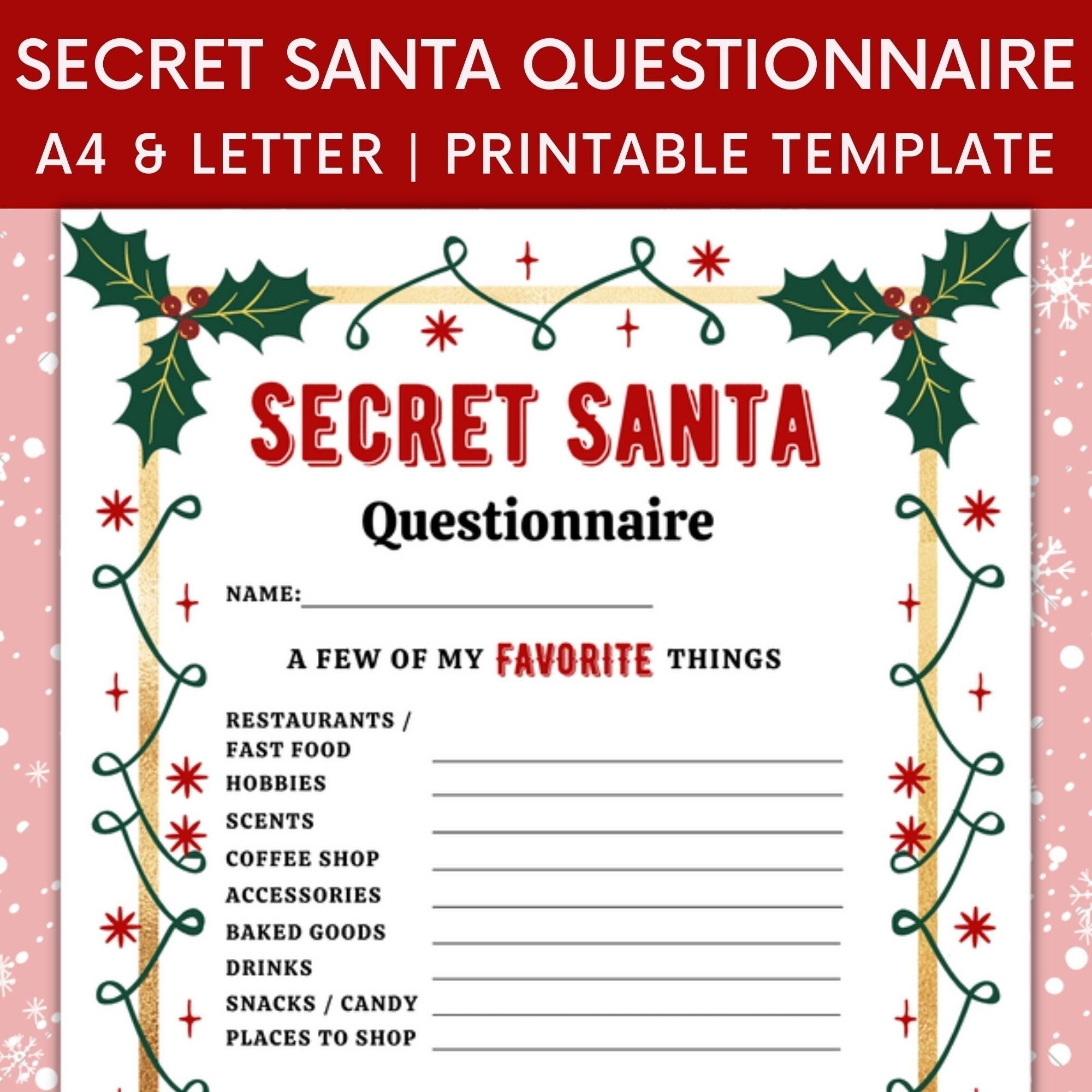 Printable Secret Santa Questionnaire For Christmas Gift Etsy