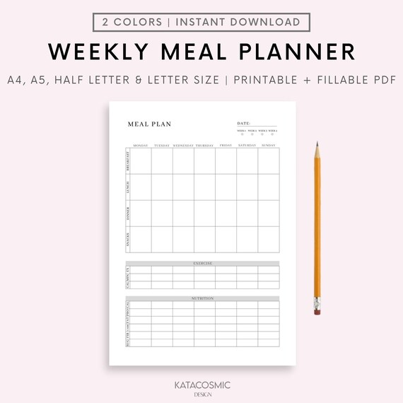 Weekly Meal Planner, Digital Meal Planner PDF, Meal Prep, Fitness Planner, Meal Plan Printable, Fillable Fitness Tracker, Wellness Journal