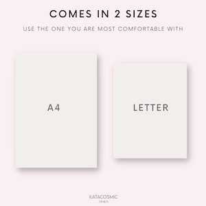 Peut inclure: Deux rectangles blancs avec du texte, "A4" et "LETTER", indiquant les deux tailles disponibles pour un produit imprimable. Le texte "COMES IN 2 SIZES" est au-dessus des rectangles, et le texte "USE THE ONE YOU ARE MOST COMFORTABLE WITH" est en dessous des rectangles.