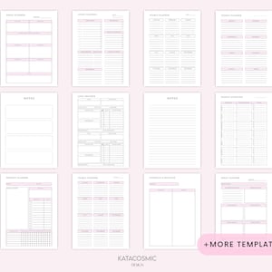 May include: A set of printable planner templates in black and white with pink accents. The templates include a weekly planner, yearly planner, essay planner, study planner, goal tracker, project planner, weekly overview, ideas planner, and early planner. The templates are designed for use with a planner or notebook.