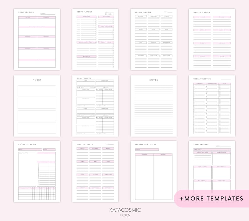 May include: A set of printable planner templates in black and white with pink accents. The templates include a weekly planner, yearly planner, essay planner, study planner, goal tracker, project planner, weekly overview, ideas planner, and early planner. The templates are designed for use with a planner or notebook.