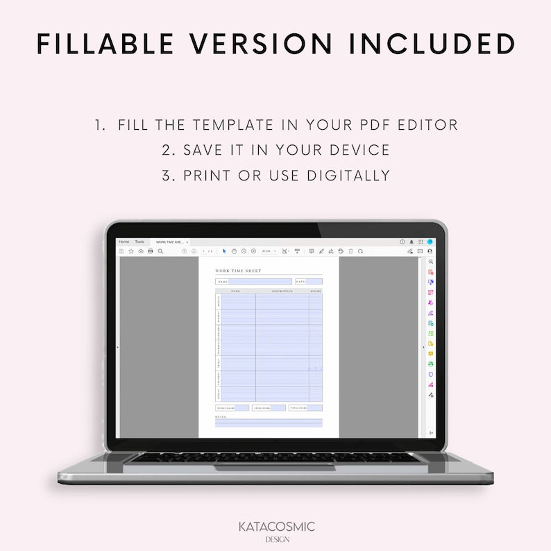 May include: A laptop computer displaying a printable work time sheet template. The template is titled "Work Time Sheet" and has columns for date, tasks, duration, and notes. The template is designed to be filled out digitally.