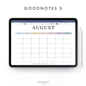 May include: A digital calendar for the month of August on a tablet screen. The calendar is designed for the GoodNotes 5 app and features a simple, clean design with pastel colored headers for each day of the week.