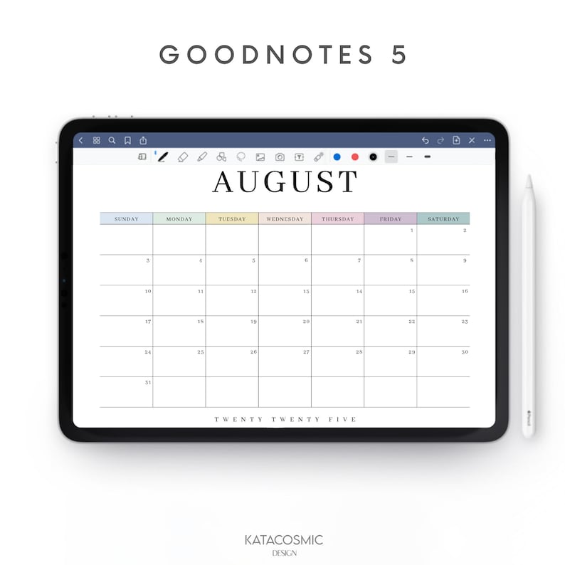 May include: A digital calendar for the month of August on a tablet screen. The calendar is designed for the GoodNotes 5 app and features a simple, clean design with pastel colored headers for each day of the week.