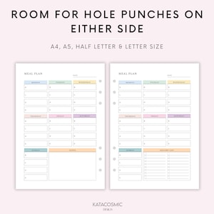 May include: Printable meal planner with a colorful design. The planner includes sections for Monday through Sunday, notes, and a grocery list. The planner is designed for A4, A5, half letter, and letter sizes.