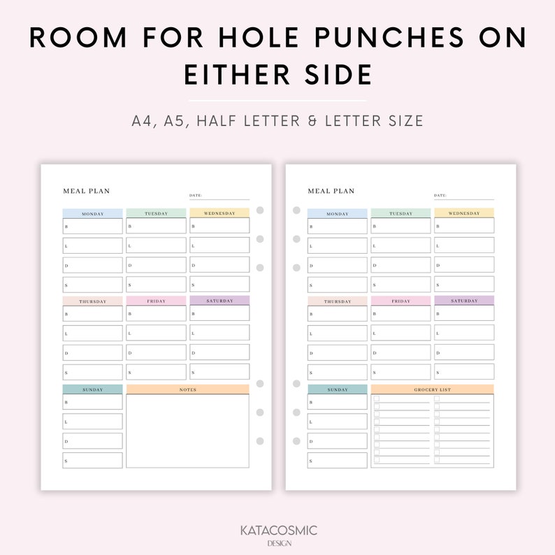 May include: Printable meal planner with a colorful design. The planner includes sections for Monday through Sunday, notes, and a grocery list. The planner is designed for A4, A5, half letter, and letter sizes.