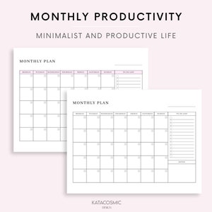 Peut inclure: Deux pages de planificateur mensuel imprimables avec un design minimaliste. Chaque page comporte une grille de calendrier avec des espaces pour chaque jour de la semaine, une liste de t&acirc;ches &agrave; faire et une section de notes. Le texte "PLANIFICATION MENSUELLE" appara&icirc;t en haut de chaque page.